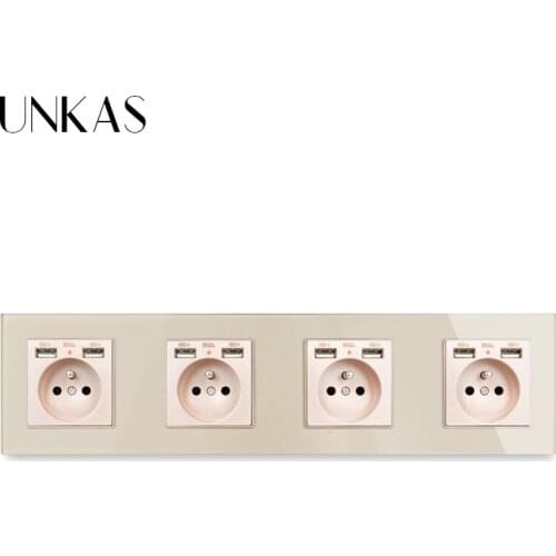 UNKAS Gold Wall Crystal Glass Panel 4 Gang Power Socket Grounded 16A French Standard Outlet With 8 USB For Mobile Phone