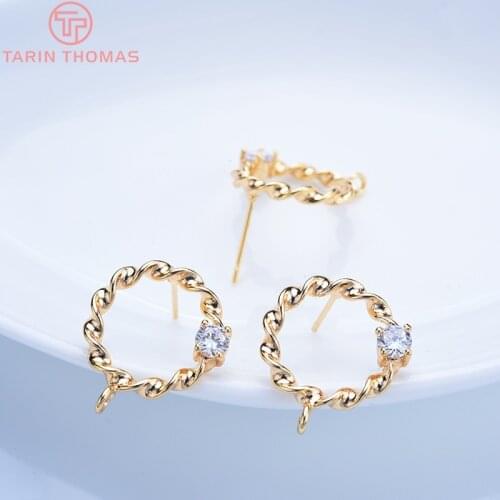 4PCS 18MM 24K Gold Color Brass with Zircon Round Shaped Stud Earrings High Quality Jewelry Accessories