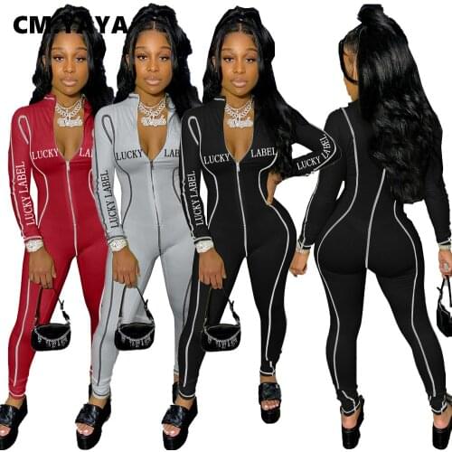 CM.YAYA Lucky Label Patchwork Zipper Up Bodycon Jumpsuit Women Moto Biker Sporty One Piece Overall Romper 2021 Spring winter