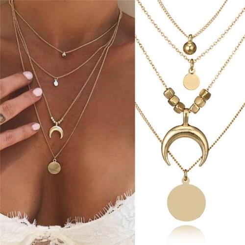 Trend Multilayer Necklaces Pendants Vintage Moon Choker Necklace for Women Alloy Metal Disc Gold Collier Femme Party Jewelry