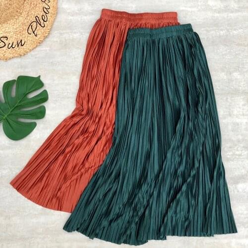 Sping Summer Women Midi Skirts Pleated Metallic Color Shinny Long Skirts Casual Daily Skirt For Women