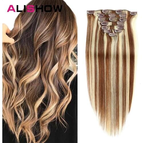 Alishow 140g Clip in hair extensions 100% Natural Hair Brazilian Straight Machine Remy Weft Human Hair Clips