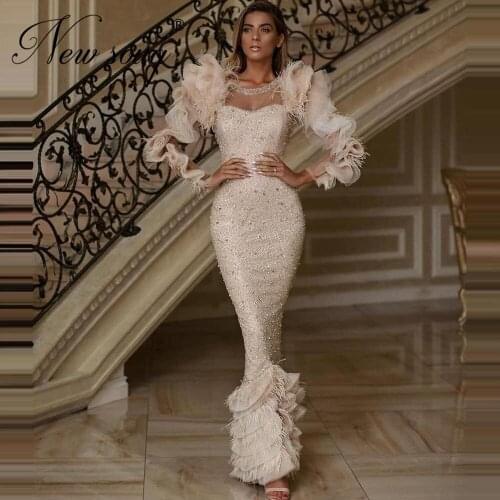Beaded Mermaid Prom Dresses Feathers Plus Size Party Gowns Arabic Dubai Evening Dress 2020 Vestidos De Fiesta De Noche Custom