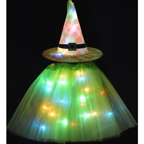 Women Girls Kids Halloween Witch Hat with Skirt Fancy Dress String Lights Decorations Lighting Modes Halloween Costume
