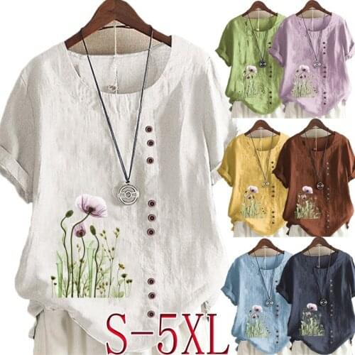 New Summer Womens Printed Short Sleeve Round Neck T-shirt Ladies Casual Linen Shirt Plus Size Top S-5XL