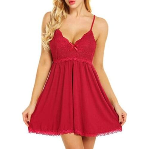 Women Sexy Summer Sleepwear Nightgown V-Neck Spaghetti Strap Lace Patchwork Lingerie Babydoll Dress Nightwear