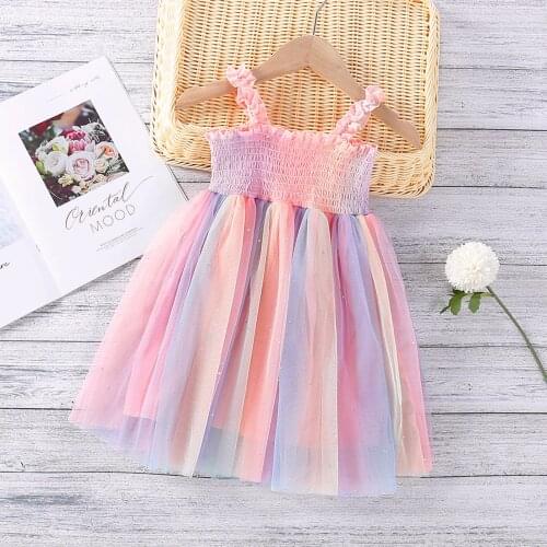 2021 2-8Y Summer Princess Kids Girls Dress Sleeveless Strap Colorful Stripe Lace Tulle Knee Length Tutu Sundress