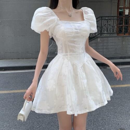 Woman Sweet white Dress 2021 Summer Retro Elegant Square Collar Puff Sleeve Fluffy Dress Korean Organza Mini Princess Dress
