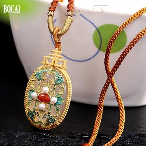 National palace style s925 silver Gold-plated woman necklace burnt blue Hetian sapphire sweater chain winter sweater accessories