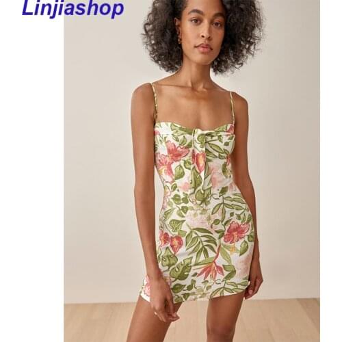 Vintage Leaves Print Sexy Sling Chiffon Dress Women Sweet Bow Sleeveless A-line Short Vestido Mujer Holiday Summer Mini Dress