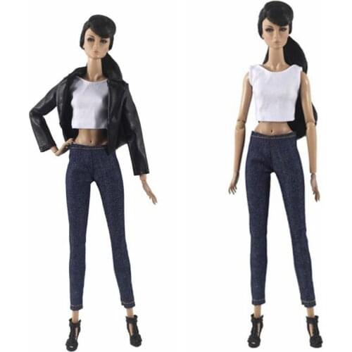 1/6 Fashion Black Leather Jacket & Tank & Jeans Pants Doll Outfit For Barbie Clothes Coat Top Denim Trousers BJD Accessories Toy