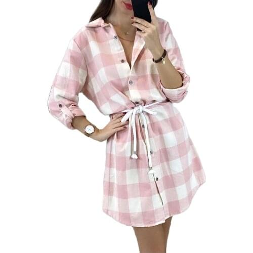 2021 New Design Good Quality Factory Price Fashion Hot Selling Womens Long-Sleeved Tie-Cord Button Plaid Print Dress