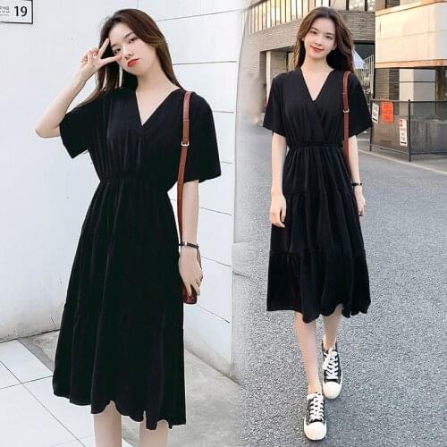 2021 New Dress Women Chiffon Solid High Waist V-neck Collar Preppy Style Popular Girls Summer Party Dress Female plus size 4xl