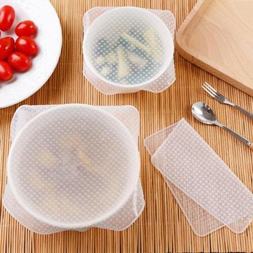 4 pcs/set Reusable Silicone Food Lid Bowl Covers Preservative Film Keeping Fresh Stretch Stretchy Suction Covers Kitchen Gadgets
