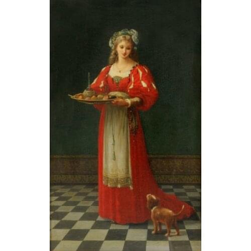 Free shipping Girl in red canvas prints oil painting classic women and dog printed on canvas home wal art decoration picture