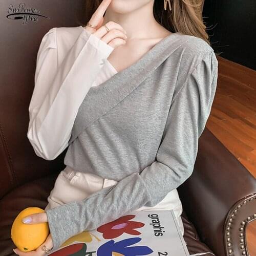 V-neck Puff Sleeve Chic Blouses Backless Long-sleeved T-shirts Stitching Slim Cotton Shirts Elegant Causal Women Clothing 16779