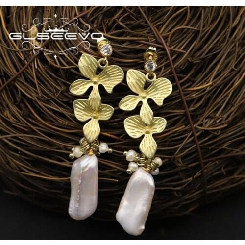 GLSEEVO Natural Baroque Pearl Long Flower Drop Earrings For Women Wedding Engagement Gift Handmade Luxury Fine Jewelry GE0965