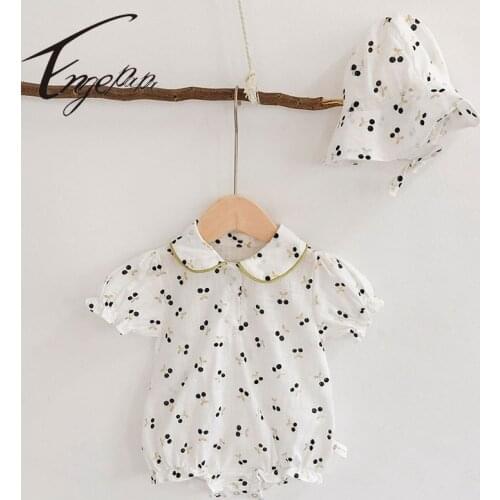 Engepapa Korean Style Infant Baby Girls Cherry Print Cotton Short Sleeve Bodysuits+Hat Summer Newborn Baby Girls Jumpsuit
