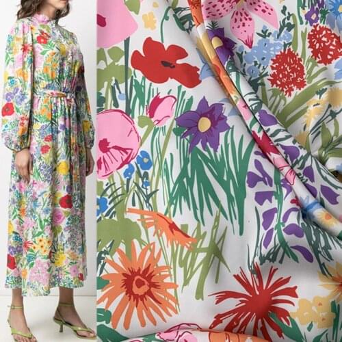 European designer G brand fabric hand-painted flower pattern digital printing stretch satin chiffon skirt pants clothing fabric