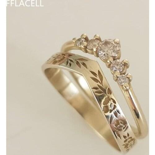 FFLACELL 2021 New Fashion Vintage Hollow Flower Inlaid Zircon Double-layer Ring For women Girl Party Accessories