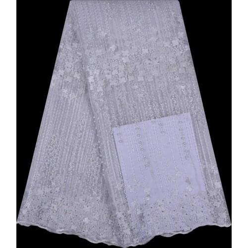 Nigerian Lace Fabrics Bridal Fashion Beaded African French Lace Fabric 5Yards Tulle Mesh Net Lace Materials White Color S1139