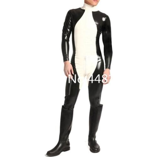 Latex Tights Catsuit Back Zipper High Neck White with Black Latex Bodysuit for Men ( No Socks)