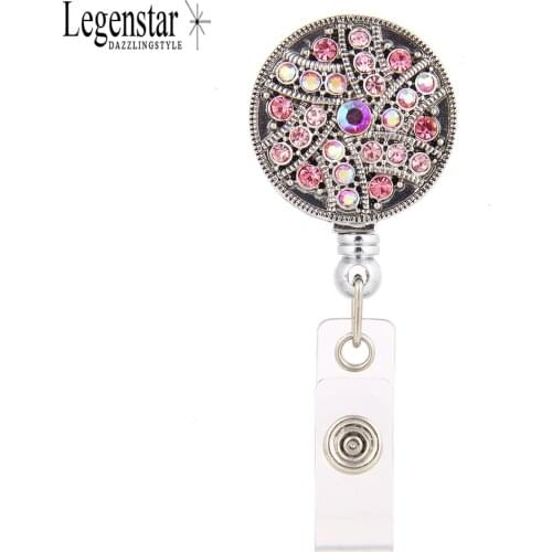 Legenstar Business Badge Reel ID Holder Tornado Round Shape Zinc Alloy With Pink Bling Rhinsestone Retractable Clip On ID Card