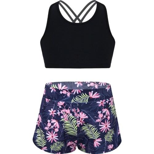 Summer Kids Girls Tracksuit Sets Children Sling Crop Top Kids Backless Vest + Floral Shorts Outfits For Running Yoga Fitness