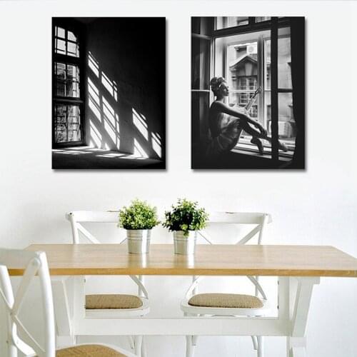 Minimalist Personality Black and White Window Girl Home Decoration Canvas Painting Wall Painting Home Decor Pictures Kitchen