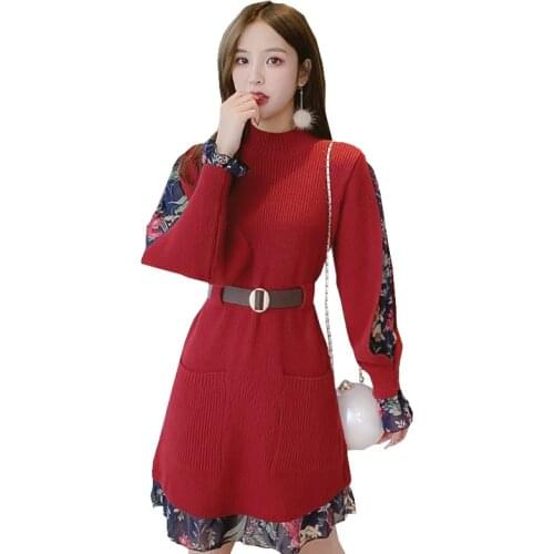Latest Fashion Women Autumn Winter Dresses Loose Casual Office Female Dress Printed Knitted Patchwork Stretch Mini Vestir OK635