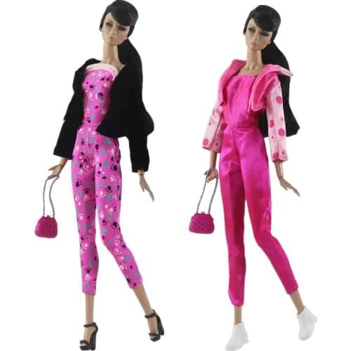Fashion Pink Jumpsuit Clothes Set for Barbie Doll Clothes Outfits Coat Handbag Casual Wears 11.5" Dolls Accessory Toy 1/6 BJD