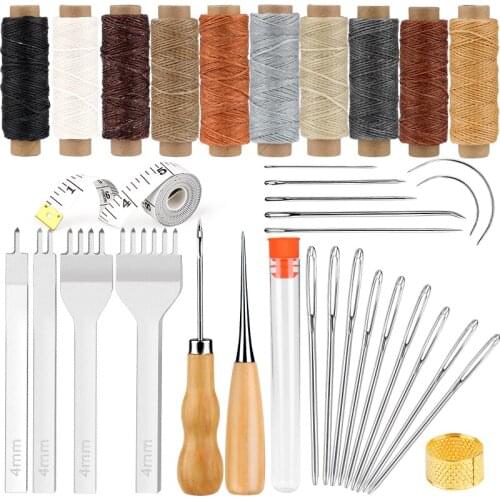 Imzay Leather Sewing Tool Leather Stitching Tools Leather Crafting with Waxed Thread Hole Punches Needle for Leather Working Kit