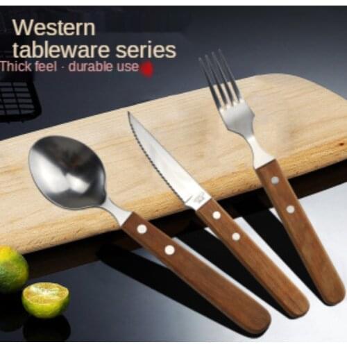 Wood handle Western Gold Cutlery Set Stainless Steel Tableware Flatware Set Kitchen Knife Fork Spoon Dinnerware Silverware