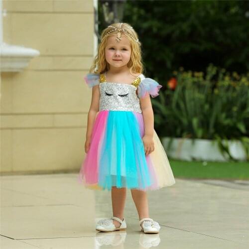 Toddler Color Block Tulle Dress, Summer Baby Girl Cartoon Fly Sleeve Square Collar One-piece