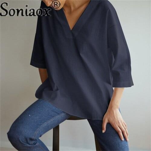 V-Neck 3/4 Sleeve Pullover Solid Color Casual Ladies T-Shirt 2021 Summer Womens Fashion Vintage Street Loose Shirt Tops Femme