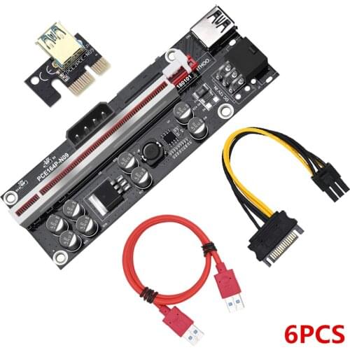 6Pcs VER009S Plus PCI-E Riser Card PCI Express 1X to 16X USB 3.0 Cable SATA to 6Pin Connector for Graphics Video Card Mining