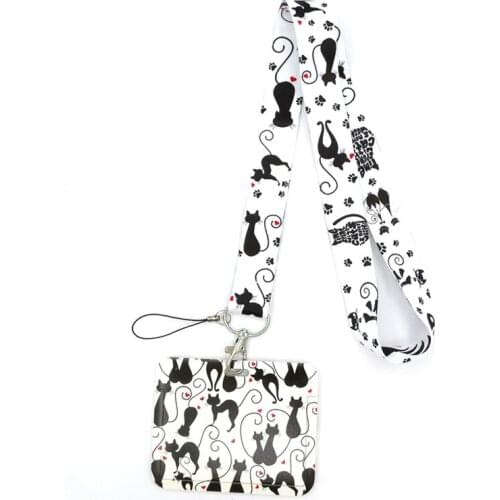 Black Cats Paws Lanyard Credit Card ID Holder Bag Student Women Travel Card Cover Badge Car Keychain Decorations