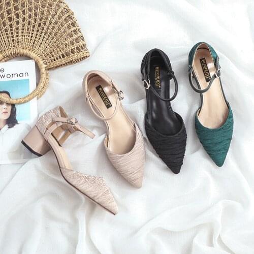 Pleated flock pointed toe thick heels pumps side open ankle buckle women single shoes comfy chunky heels sandals lady work shoes