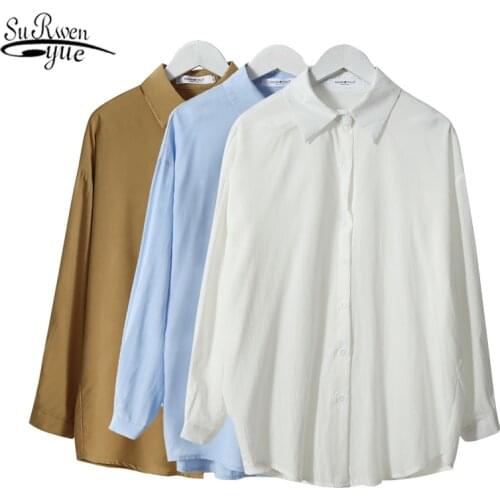 Korean Cotton Long Sleeve Womens Blouse Solid Single Breasted Women Tops and Blouses 2021 Autumn New Loose Women Shirts 11577