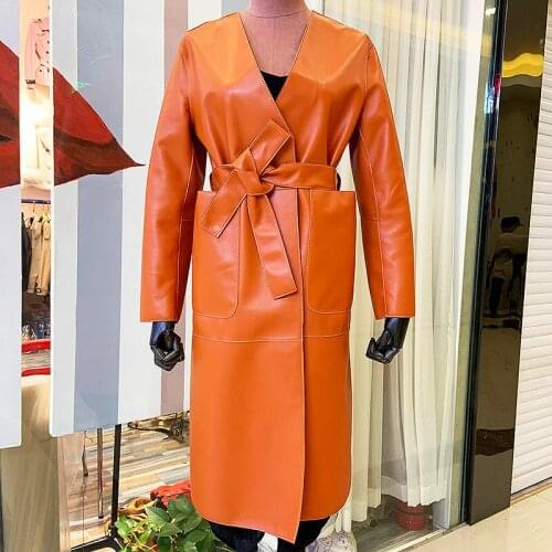 Maylofuer Genuine Leather Jacket Long Ladies Windbreaker 100% Natural Sheepskin Coat with Belt Slim V-neck