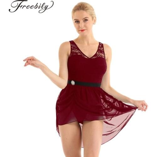 Women Adult Floral Lace Bodice Ruffled Asymmetric Chiffon Skating Modern Ballet Dance Dress for Performance Competition costumes