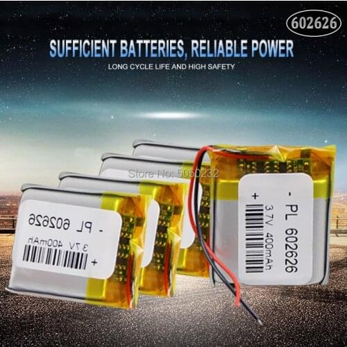10pc 400mAh 3.7V 602626 polymer lithium li ion Rechargeable Battery For LED light Tachograph Car DVR Bluetooth Earphone MP3 MP4