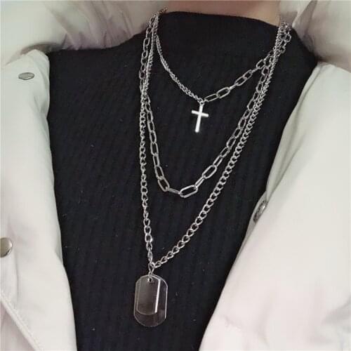2021 Fashion Multilayer Silver Color Metal Chain Cross Necklace Couple Hip Hop Punk Geometric Pendant Necklaces for Women Men