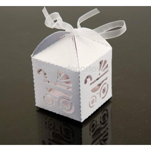 50pcs White Carriage Candy Gift Boxes with Ribbon Baby Shower Favors
