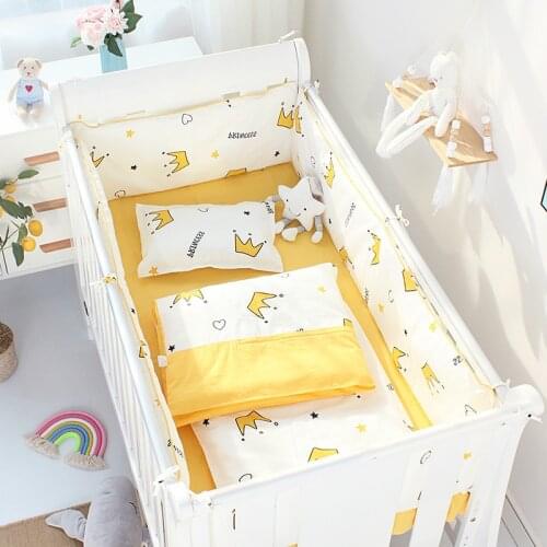 4pcs Cot Bumpers +Flat Bed Sheet Cotton Reducer Childrens Crib Side Protector Baby Cartoon Bedding Set Kids Room Decoration
