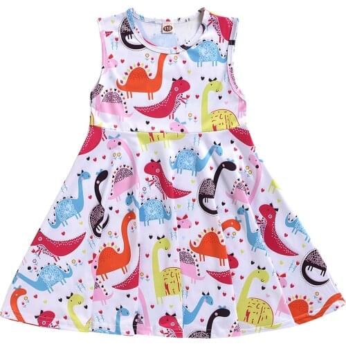 Kids Girls Sleeveless Dress Cartoon Dinosaur Print Summer Midi Dress Stylish O-neck A-line Dress for Children Girls 4-9Y