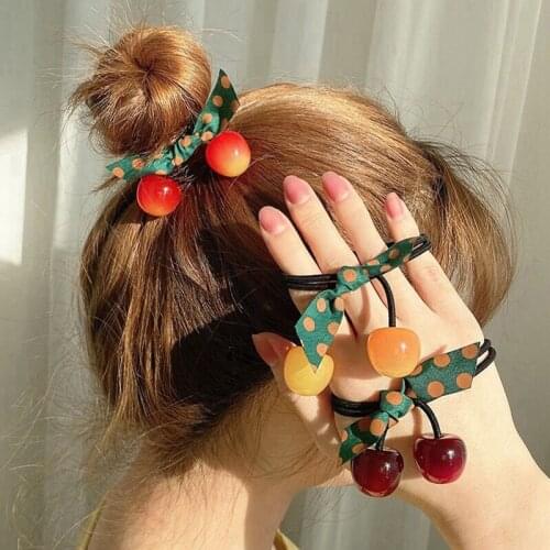 YIMUBA Hot Korean Fashion Crystal Cherry Fruit Elastic Hair Bands for Baby Girls Kawaii Kids Bowknot Hair Accessories Decoration