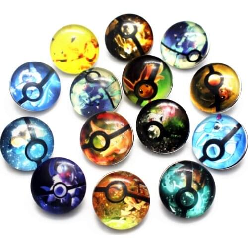 Hot selling 12pcs/lot glass cartoon 18mm Pocket Monsters snap buttons leather clasp snap button bracelet snap Bangles jewelry