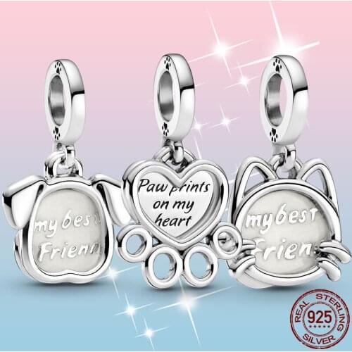 Animal Collection 925 Sterling Silver Hearts & Paw Print Dangle Charm Pendant fit Original Pandora Bracelet Necklace DIY Jewelry