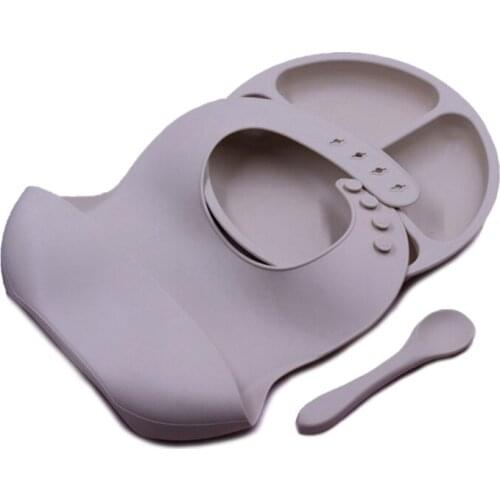 3pcs Baby Feeding Set Food Grade Silicone Bib Spoon Bowl Suction Plate Tableware